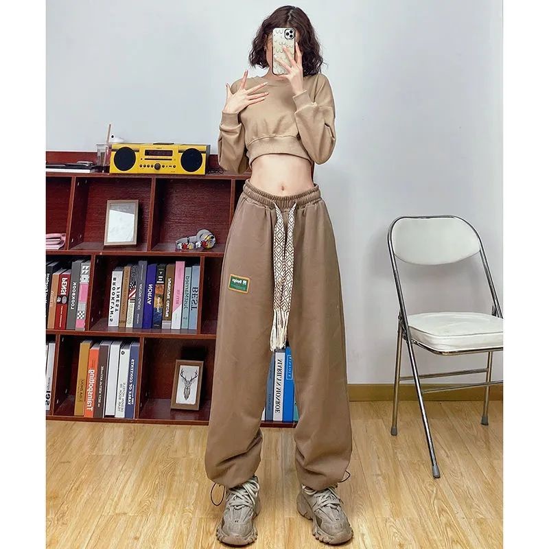 Jiashucheng Quần Thể Thao Harem Dây Rút Màu Xanh Lá Cây Phong Cách Retro Mỹ Mùa Xuân Thu Mới Cho Nữ
