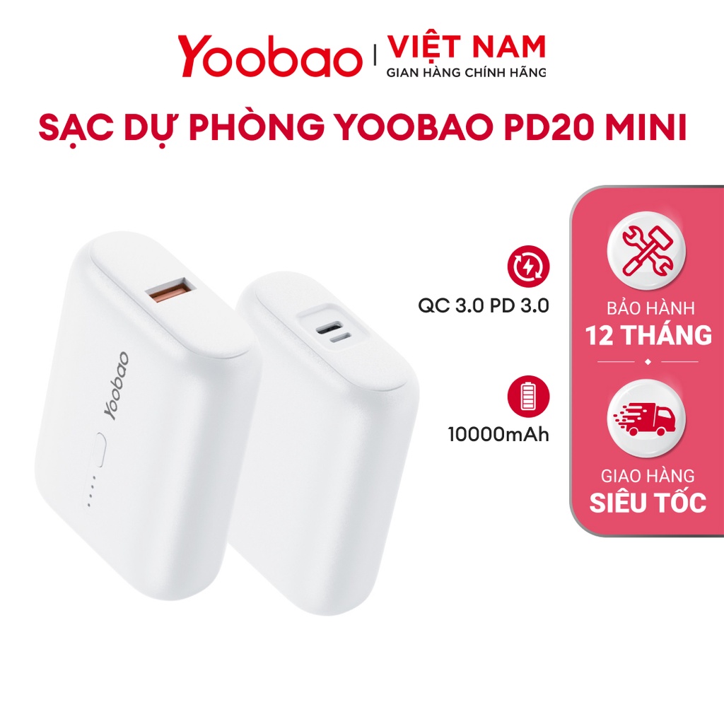 Sạc dự phòng Yoobao PD20mini 10000mAh hỗ trợ sạc nhanh QC PD 3.0 20W Chính hãng - Bảo hành 12 Tháng