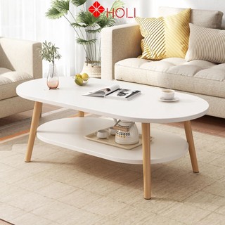 Bàn trà sofa HOLI 2 tầng hình Ovan chân gỗ sồi tự nhiên để phòng khách sang trọng.