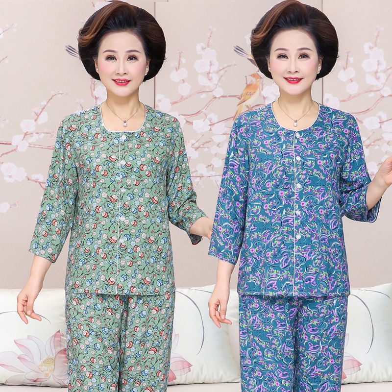 The Oldderly Bộ Đồ Ngủ Pijama Dài Tay Bằng Lụa cotton si 7.21 Cho Phụ Nữ Lớn Tuổi
