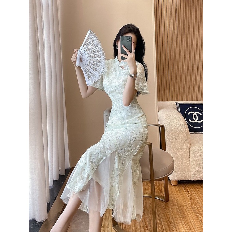 Đầm Sườn Xám Cách Tân Tay Ngắn Phong Cách Trung Hoa Mới 2023 7.21