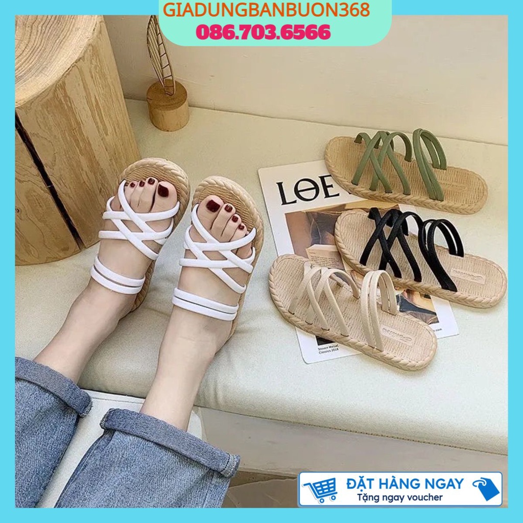 Dép Sandal Cao Su Giả Cói Đan Quai Chéo, Dép lê nữ đi biển thời trang thoải mái Siêu Xinh hàng Quảng Châu