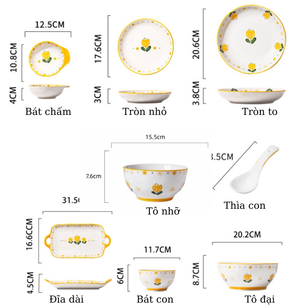 Bộ Chén Bát Cao Cấp Hoa Tuylip Decor Phòng Bếp Gốm Sứ ZAZU, bộ bát đĩa đẹp, bộ chén dĩa gia đình