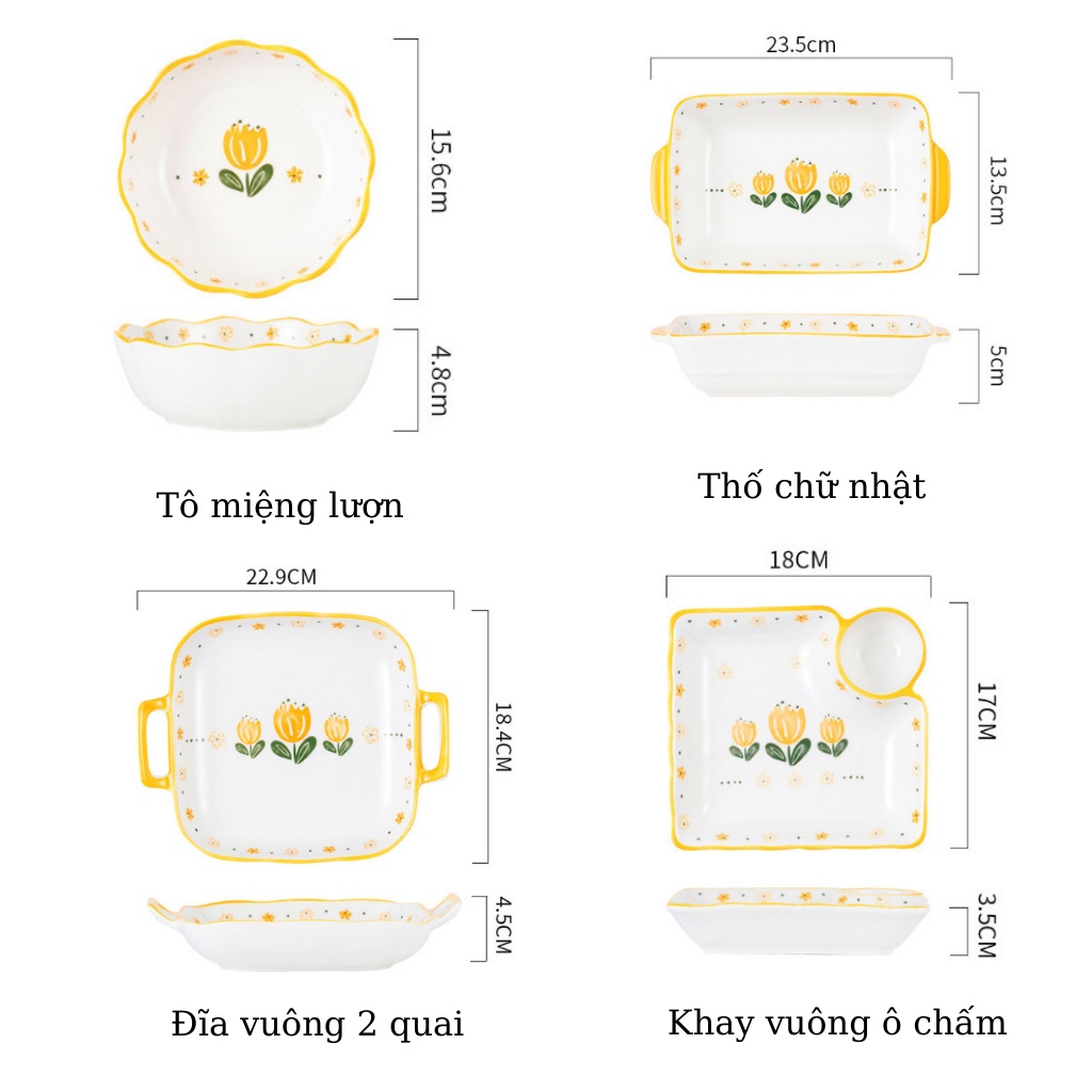 Bộ Chén Bát Cao Cấp Hoa Tuylip Decor Phòng Bếp Gốm Sứ ZAZU, bộ bát đĩa đẹp, bộ chén dĩa gia đình