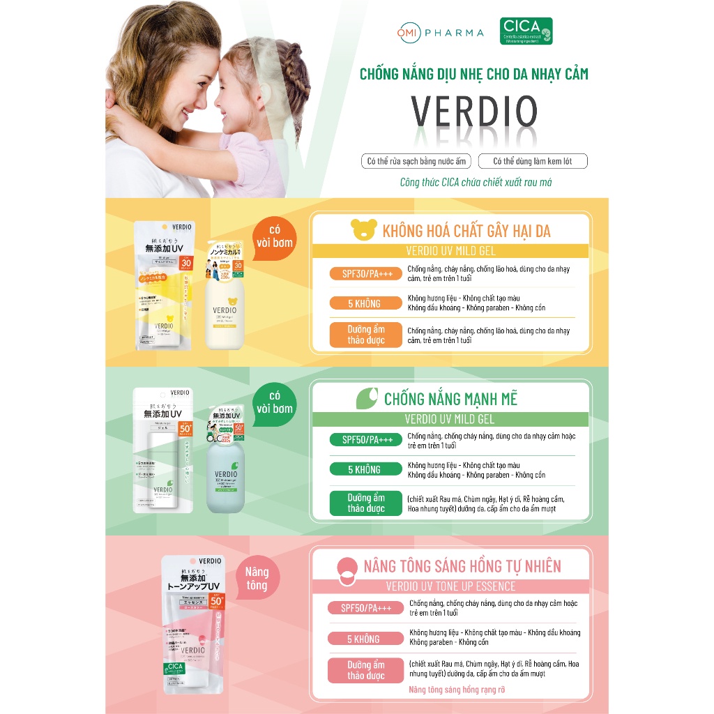 Tinh Chất Chống Nắng Nâng Tone Sáng Hồng Dành Cho Da Nhạy Cảm Và Trẻ Em Omi Verdio Nhật Bản SPF50+ PA++++