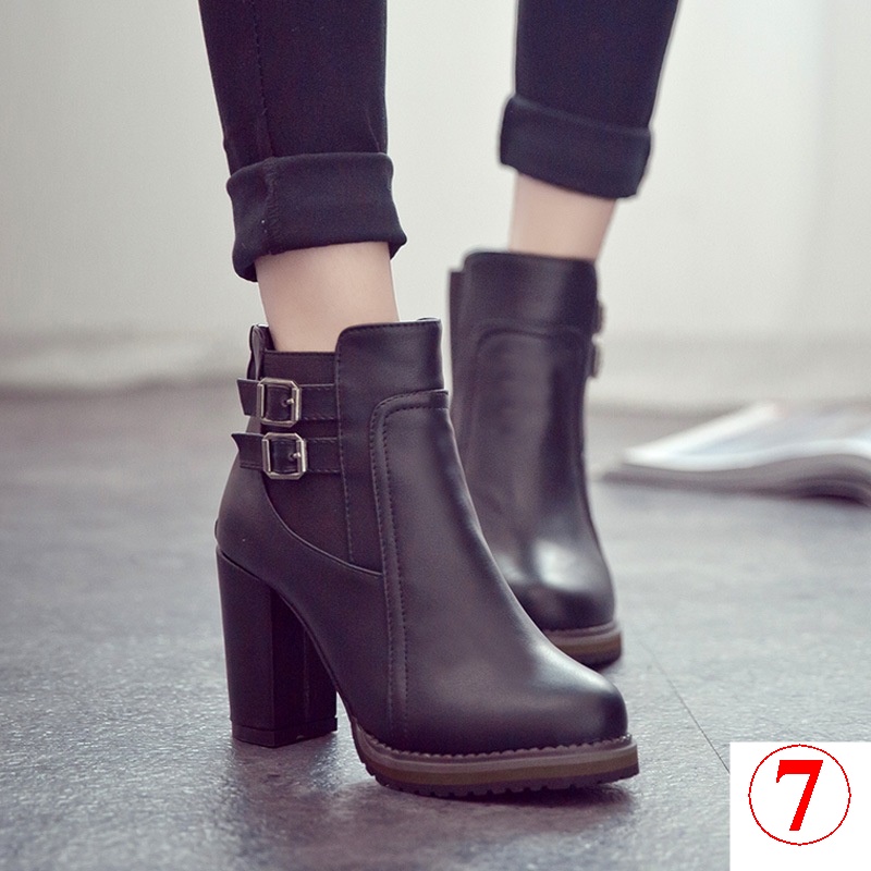 Wish AliExpress Giày Bốt Cao Gót Mũi Tròn Dày Dặn Phối Khóa Cài Co Giãn Phong Cách Mới Cho Nữ
