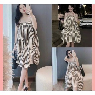 YT02 Váy Hai Dây Kẻ Nhún Thân Cách Điệu