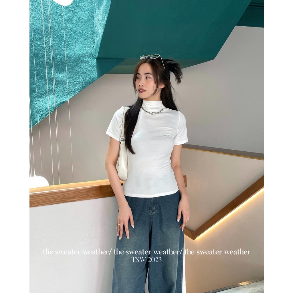 Áo thun trơn tay ngắn cổ zip dáng basic co giãn tốt siêu tôn dáng Maia Aocolo228_P0K10