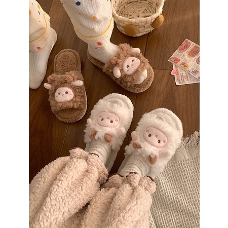 Dép len nữ dễ thương cừu nhỏ phim hoạt hình mùa thu và mùa đông nhung giữ ấm trong nhà
