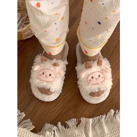 Dép len nữ dễ thương cừu nhỏ phim hoạt hình mùa thu và mùa đông nhung giữ ấm trong nhà