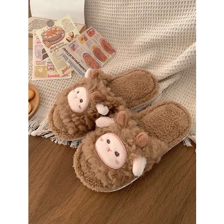 Dép len nữ dễ thương cừu nhỏ phim hoạt hình mùa thu và mùa đông nhung giữ ấm trong nhà