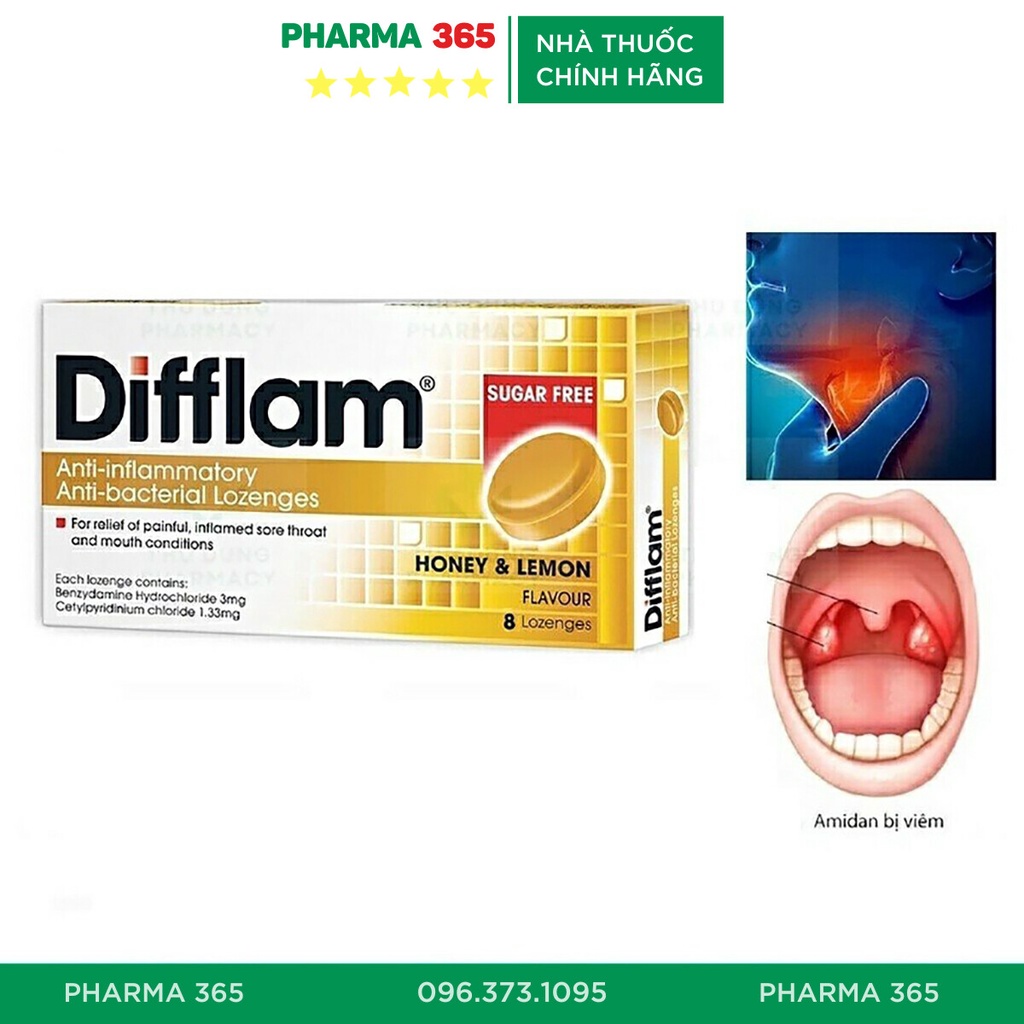 Viên ngậm viêm họng Difflam, giảm đau họng, sưng đau cổ họng, viêm họng, viêm amidan, ngứa kích ứng họng