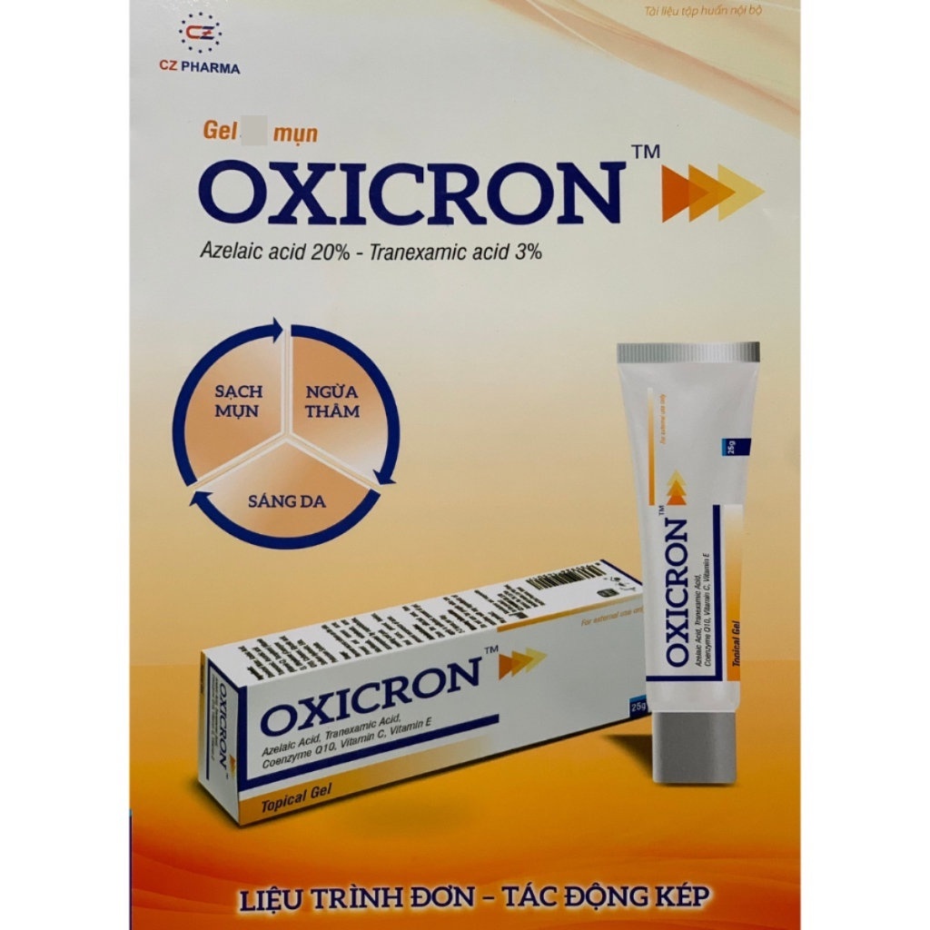 Gel bôi mụn Oxicron - làm giảm sưng viêm, giảm mụn đỏ, hạn chế tạo sẹo và thâm sau mụn, chứa azelaic 20%, tranexamic 3%