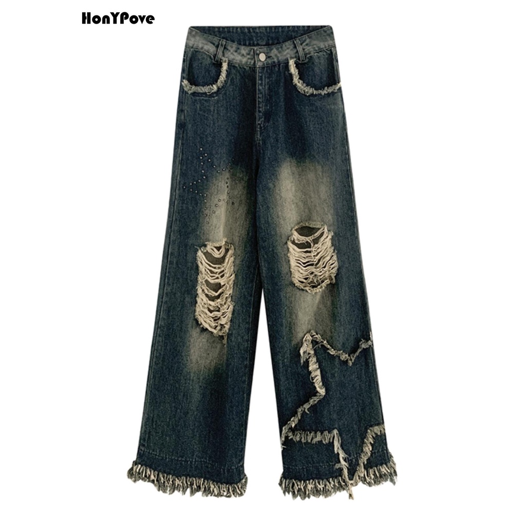 Quần Jeans Nữ Lưng Cao Dáng Rộng Rách Gối Thời Trang