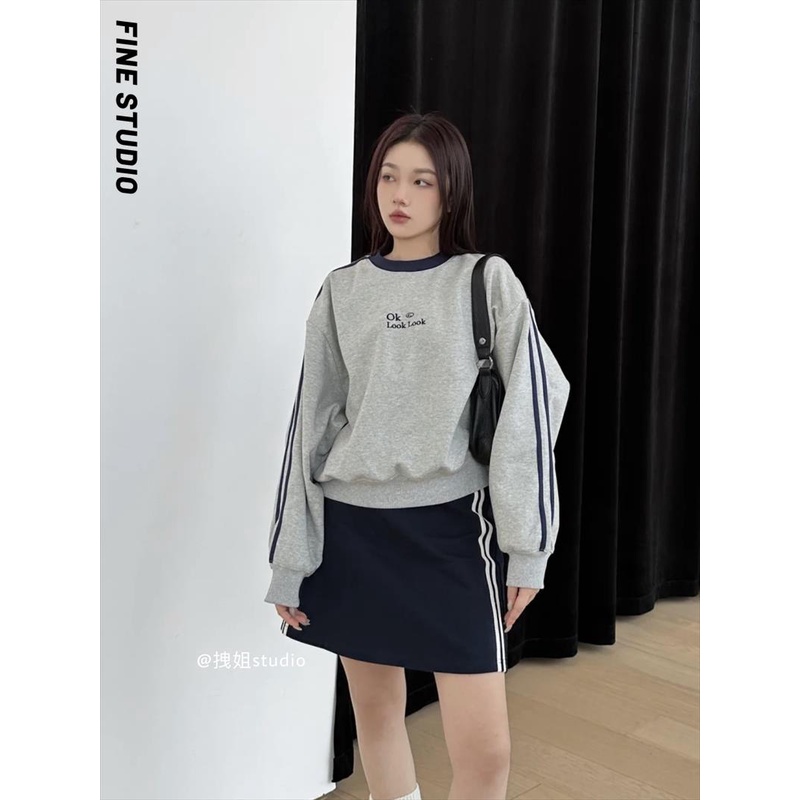 Set Áo Nỉ Dài Tay Sọc Ngang + Chân Váy Chữ a Lưng Cao Thời Trang Nữ