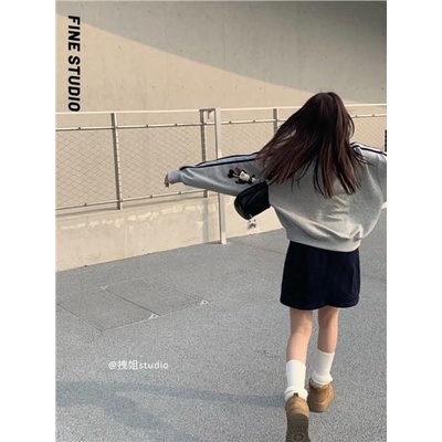 Set Áo Nỉ Dài Tay Sọc Ngang + Chân Váy Chữ a Lưng Cao Thời Trang Nữ