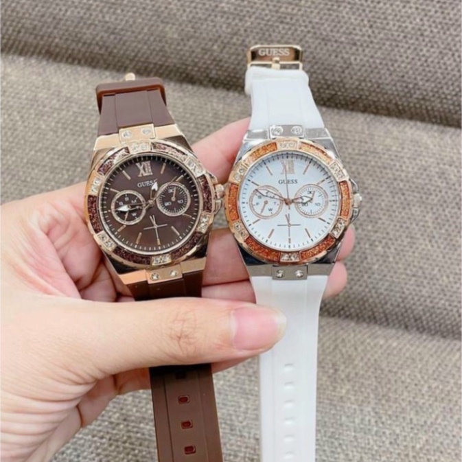 Đồng hồ nữ Guess dấy silicon, viền đính kim cương, hàng full box, thẻ bảo hành 12 tháng - Dongho.guess