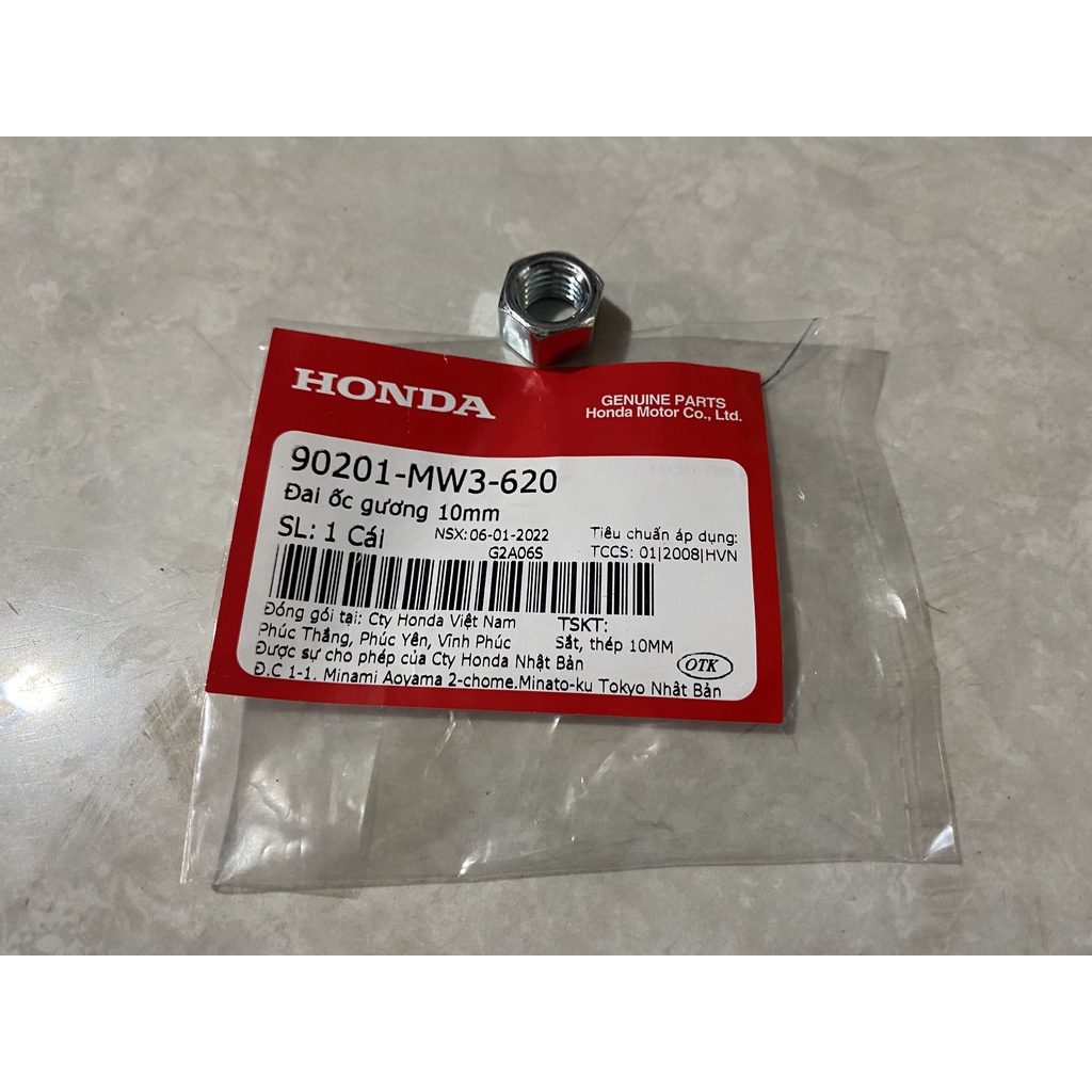 ĐAI ỐC GƯƠNG 10MM SH 2018, Wave A110 chính hãng chính hãng Honda (90201MW3620)
