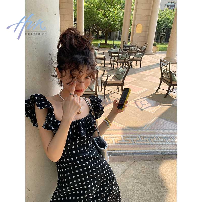 Đầm Dài Tay Phồng Cổ Vuông Họa Tiết Chấm Bi Đen Phong Cách Pháp Ngọt Ngào Thời Trang Mùa Hè Cho Nữ