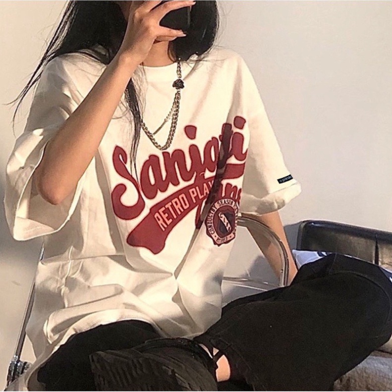 Áo Thun giới tính Form Rộng Tay Lỡ Unisex, áo cộc cổ hình tròn Basic Tee Overisze In Chữ Đỏ SANJATI Mới Trend Hè 2023