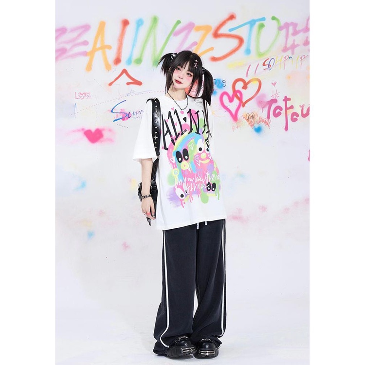 Áo Thun cotton Nguyên Chất Màu Đen Tay Ngắn Dáng Rộng In Họa Tiết graffiti Thời Trang Mùa Hè Cho Nữ 250g
