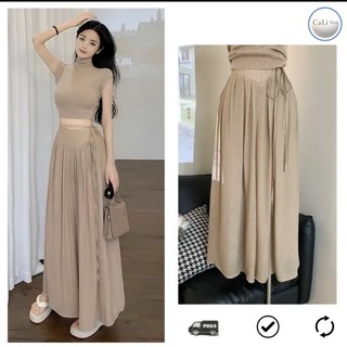Quần ống rộng dáng váy lưng chun sau