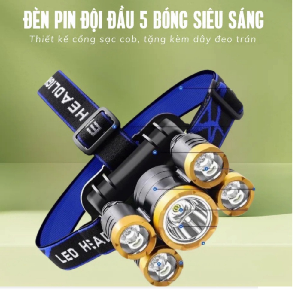 Đèn pin tích điện đội đầu 5 bóng, Đèn pin siêu sáng đèn pin du lịch, dã ngoại, cắm trại, câu cá, sạc pin chống nước