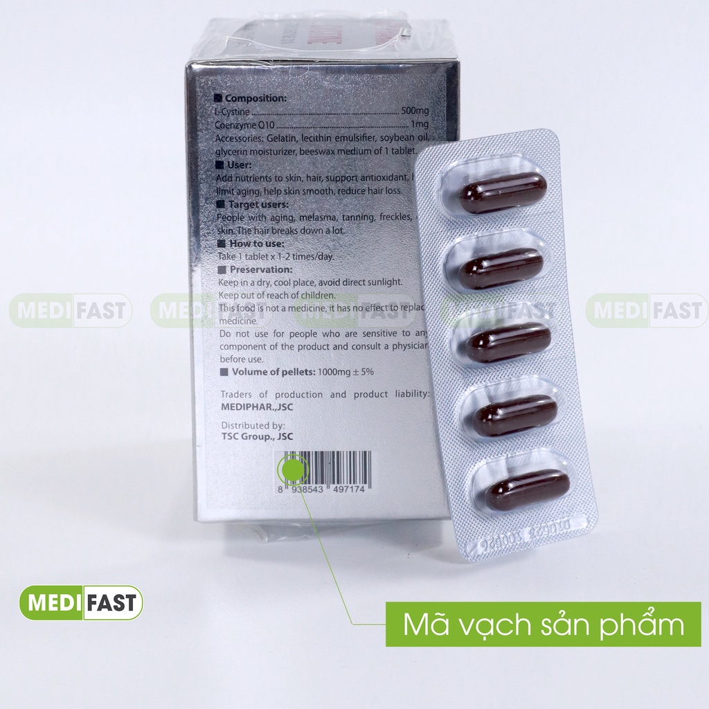 Combo trắng da Lcystine, Vitamin c có thêm kẽm Mediusa  giúp sáng da, ngừa thâm mụn, l cystine dhc