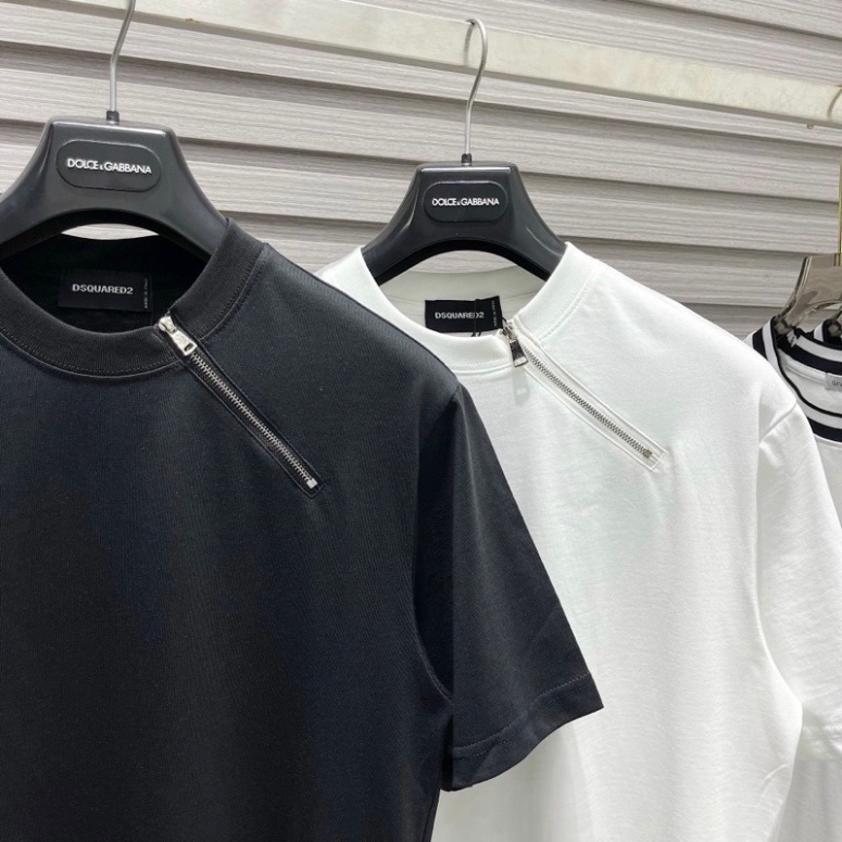 Áo Phông Nam Nữ Dsq2 Trơn Phối Thêu Khoá Zip Chéo Cổ Kiểu Dáng Đơn Giản Basic . Áo Thun Trơn Cho Các Boy Phố Hót 2023. A