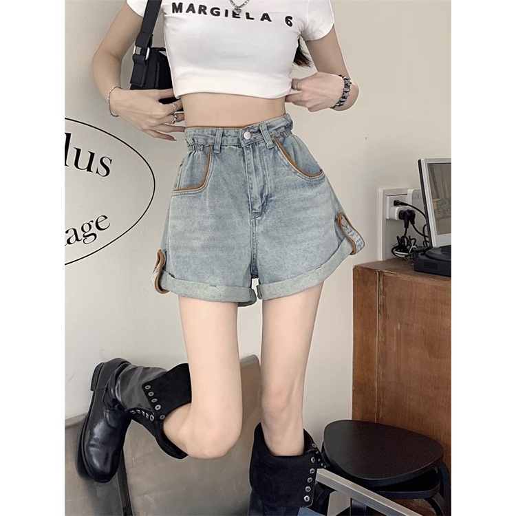 Jiashucheng Quần Short Denim Lưng Cao Dáng Chữ a Ống Rộng Thời Trang Mùa Hè Phong Cách Mới Cho Nữ