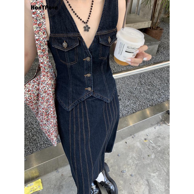 Set Áo Denim Không Tay Và Chân Váy Phong Cách Retro Cho Nữ