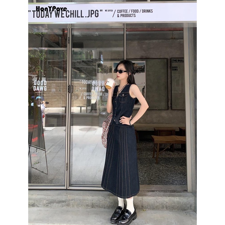 Set Áo Denim Không Tay Và Chân Váy Phong Cách Retro Cho Nữ