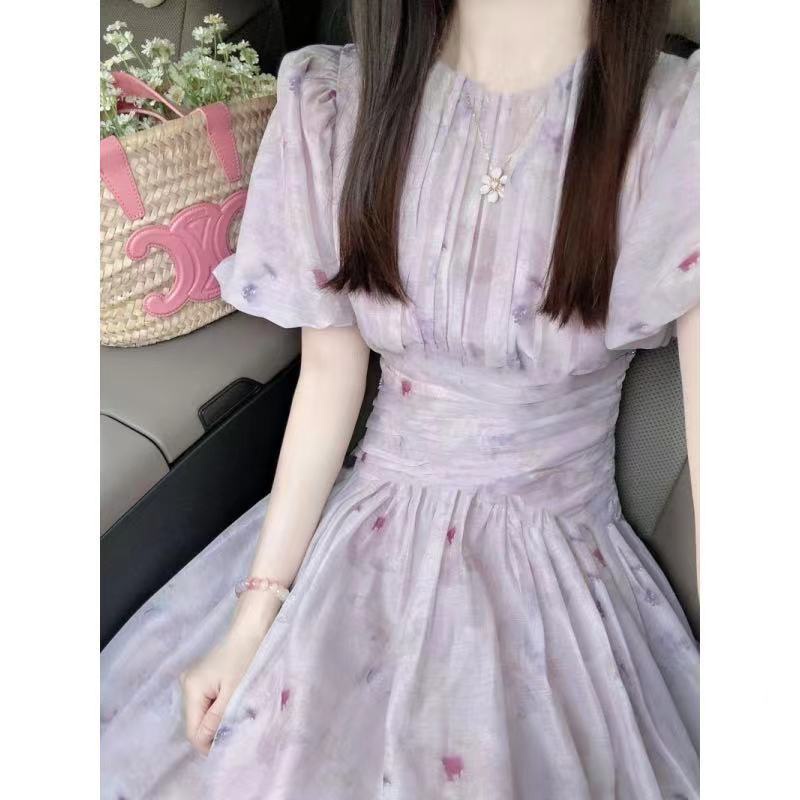 Đầm Hoa Tím Tay Phồng Phong Cách Pháp Thời Trang Mùa Hè Xinh Xắn Cho Nữ