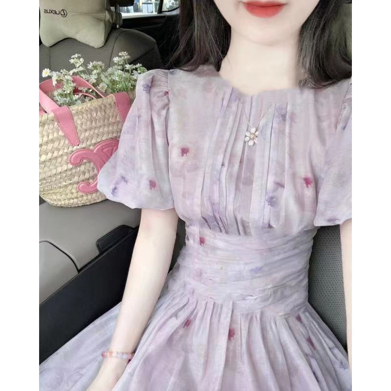 Đầm Hoa Tím Tay Phồng Phong Cách Pháp Thời Trang Mùa Hè Xinh Xắn Cho Nữ