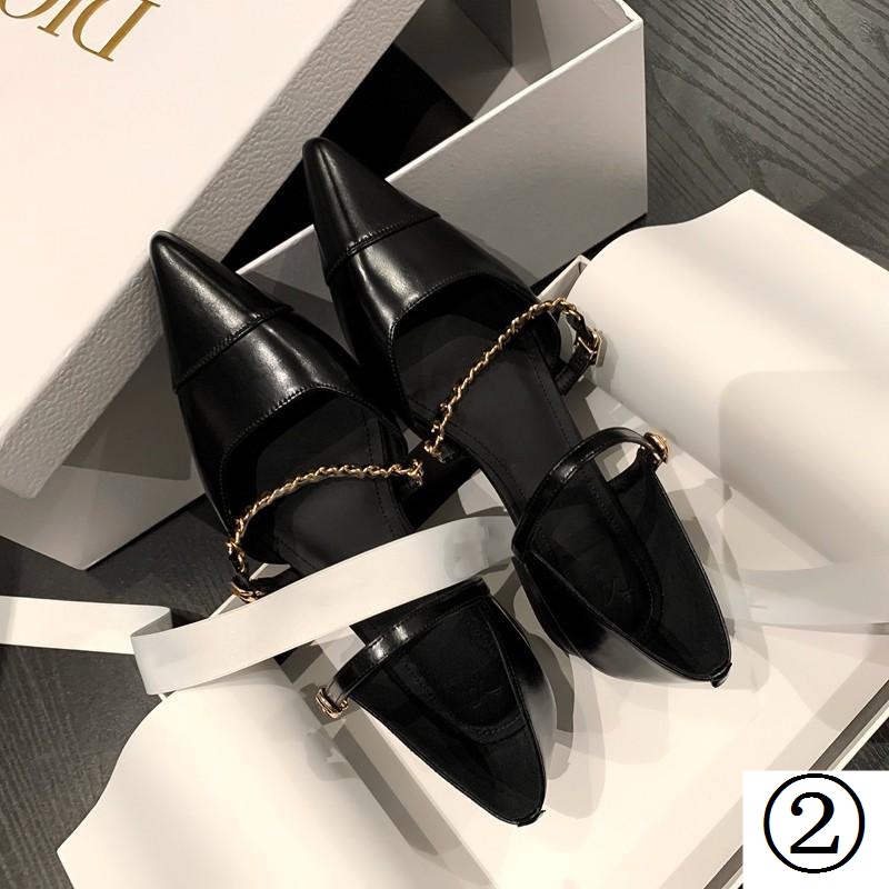 Giày Búp Bê Mũi Nhọn Đế Bằng Phối Dây Xích Màu Bạc Thời Trang Xuân Hè Cá Tính Cho Nữ