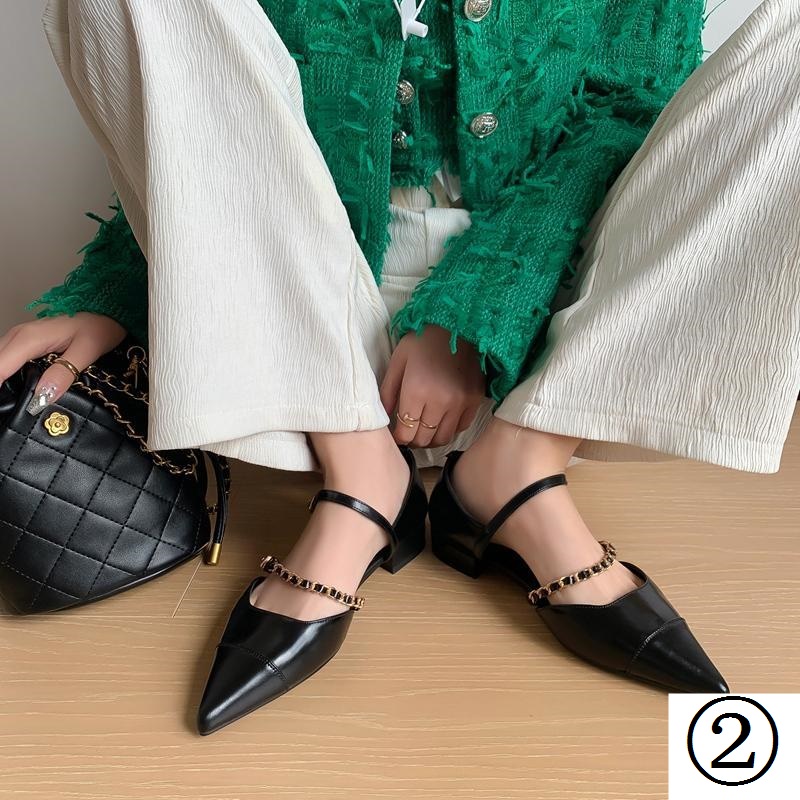 Giày Búp Bê Mũi Nhọn Đế Bằng Phối Dây Xích Màu Bạc Thời Trang Xuân Hè Cá Tính Cho Nữ