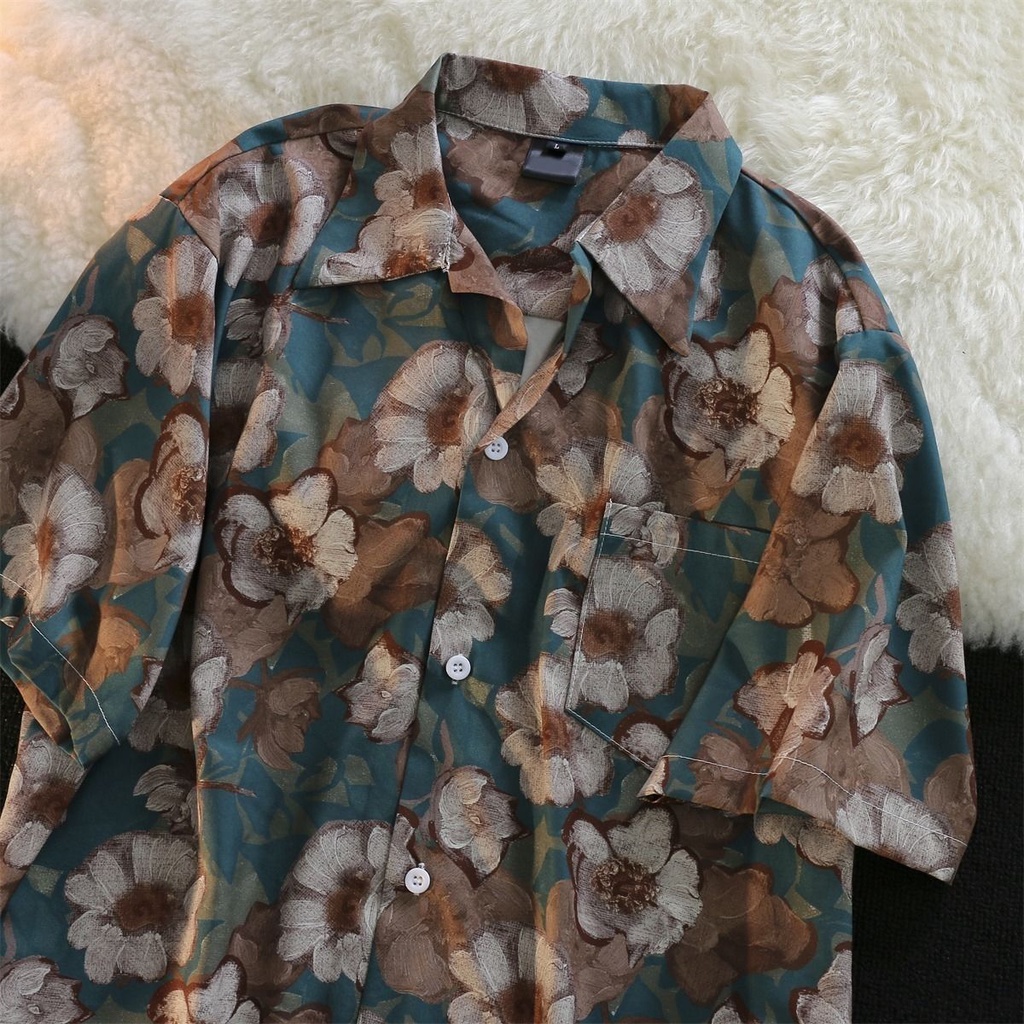 【Hàng Giao Ngay】 Vintage Retro Phong Cách Tranh Sơn Dầu Hoa Áo Sơ Mi Nam Retro Ruffian Áo Sơ Mi Cặp Đôi Phong Cách Lười Đẹp Trai