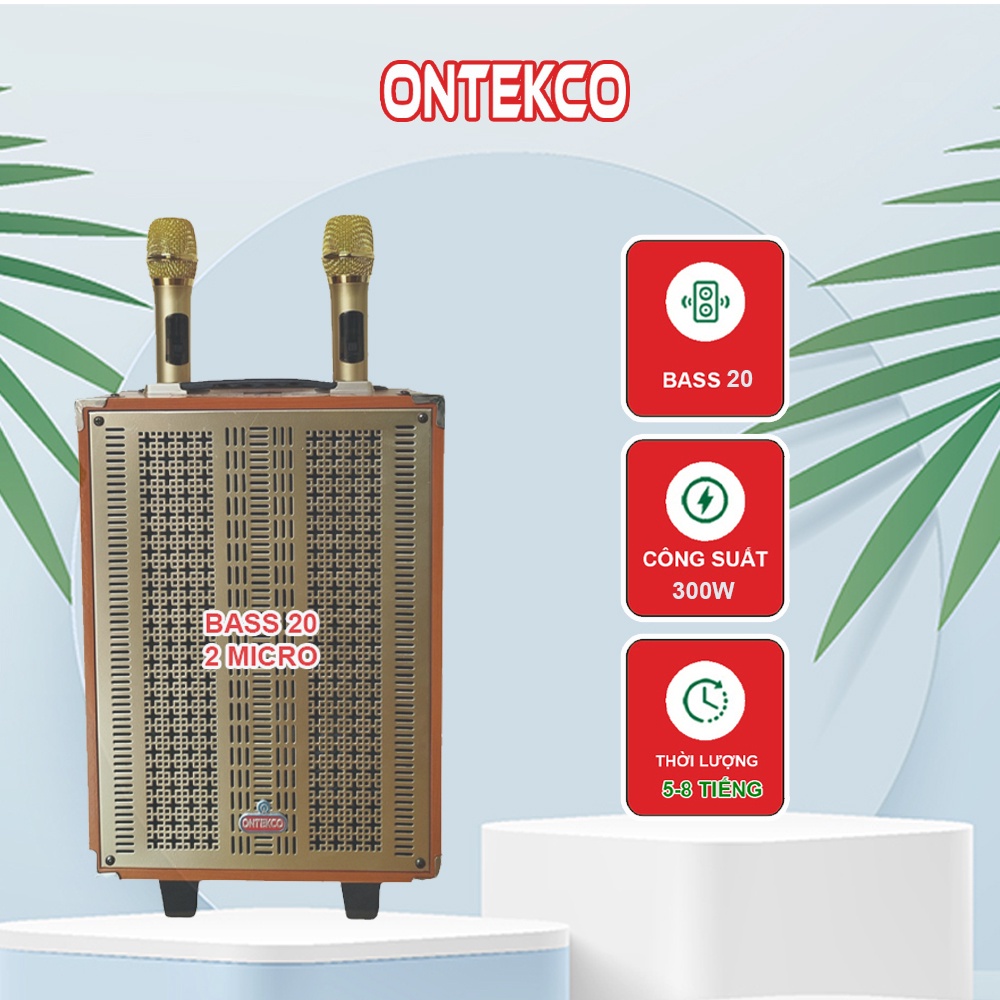 Loa kéo di động Ontekco 8002 Tặng kèm 2 mic hát karaoke không dây cao cấp - Mặt lưới kim loại siêu bền