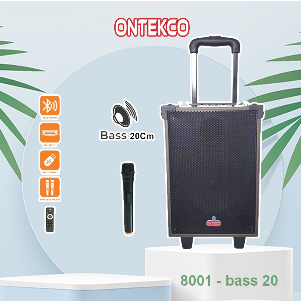 Trọn bộ Loa kéo di động Ontekco 8001 bass 20cm kết nối blutooth -kèm 1 mic không dây