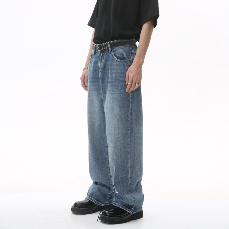 Quần Jean Ống Rộng Siêu To Unisex Nam Nữ QJ035 Màu Xanh Tối Dark Grey Wash T-A-N