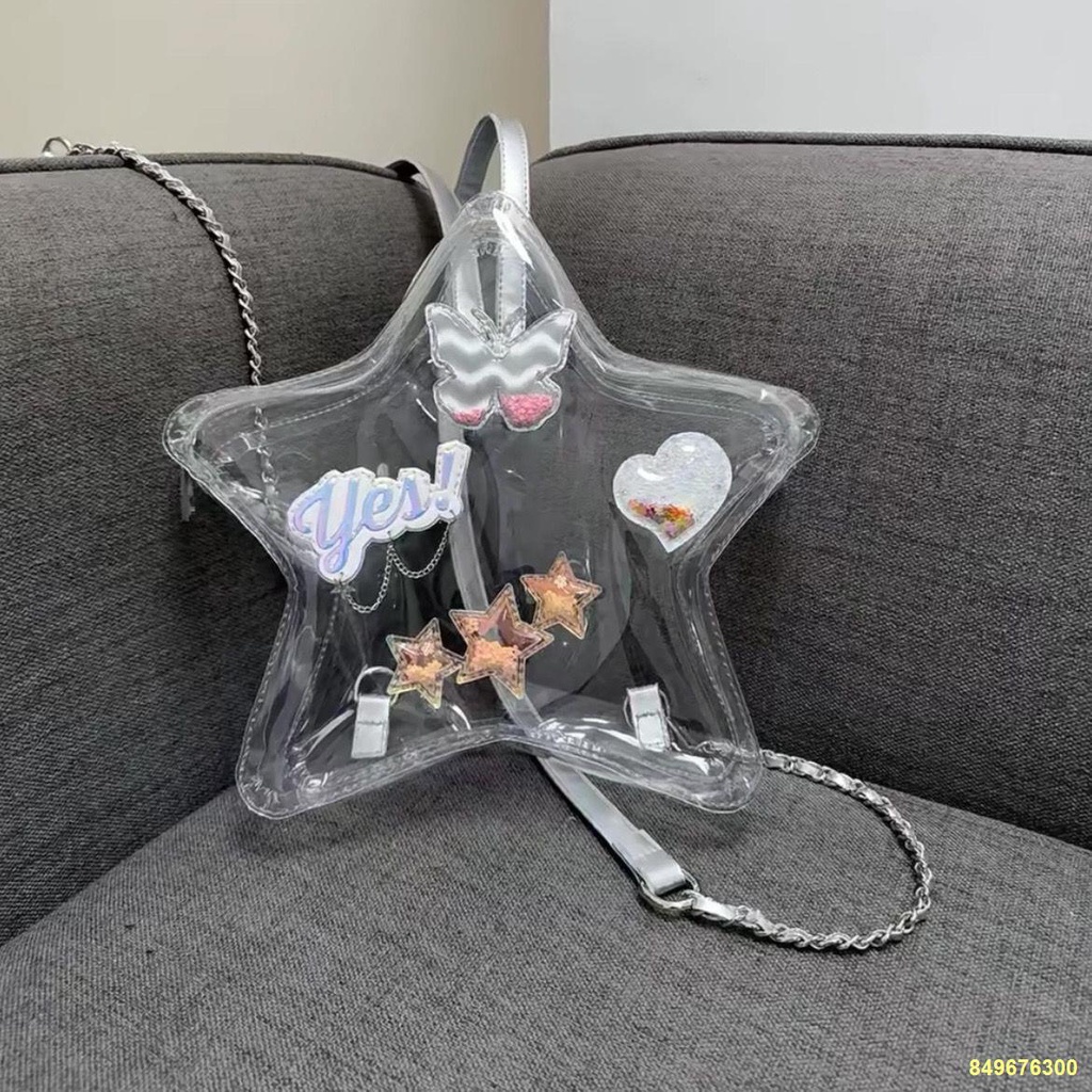 🌈Ngôi sao năm cánh màu bạc nhựa PVC trong suốt chữ love Túi Messenger dây chuyền sáng tạo ba lô nữ