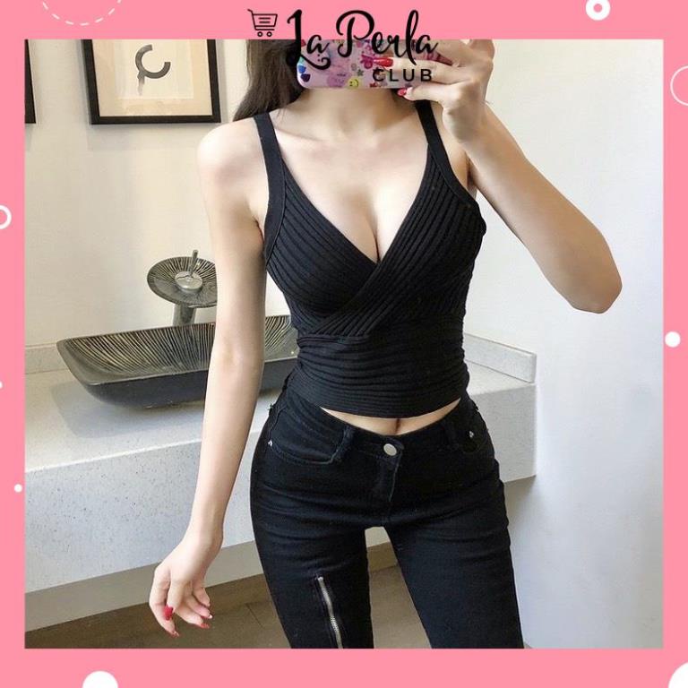 Áo Bra Nữ Dáng Croptop Dệt Kim Sọc Chéo Thiết Kế Cổ Chữ V Khoét Sâu Quyến Rũ phanngoc08