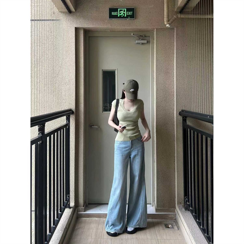 Jiashucheng Quần Denim Ống Loe Rộng Màu Xanh Nhạt Nhạt Thời Trang Retro Mỹ Cho Nữ