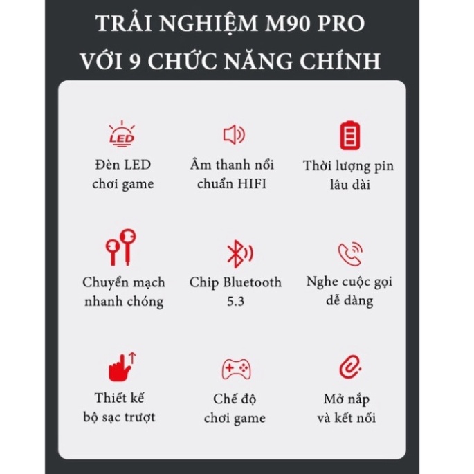 Tai nghe bluetooth M90 Pro phiên bản TWS 5.3,tai nghe không dây nắp trượt âm thanh bass chuẩn kiêm sạc dự phòng cao cấp