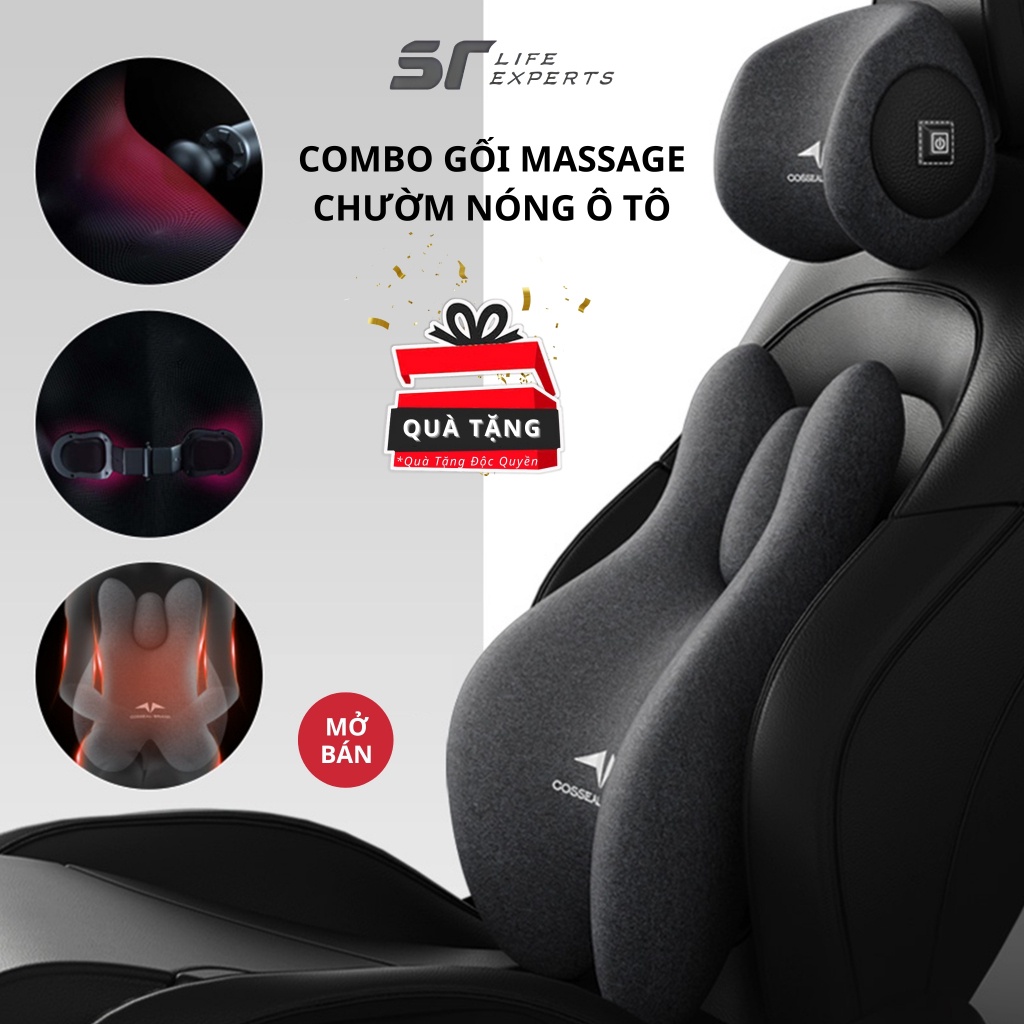 Combo Gối Tựa Đầu Và Tựa Lưng Ô Tô Tích Hợp Massage Chườm Nóng Gối Tựa Cao Su Non, Giảm Đau Mỏi Cổ Vai Cột Sống - Sairui