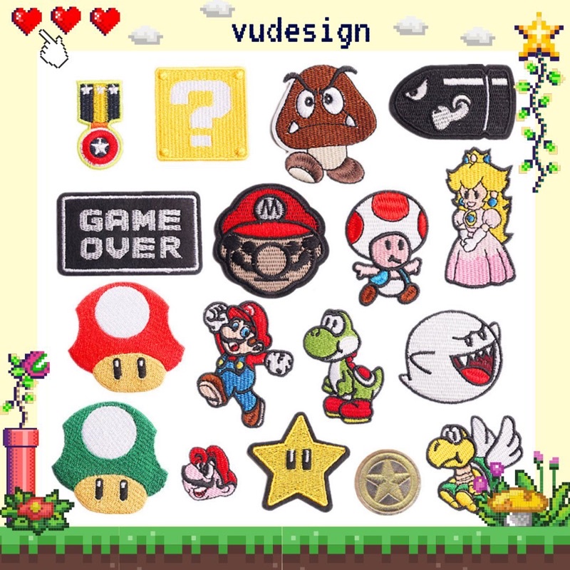 Sticker Dán Vải, Sticker Ủi Thêu Quần Áo, Balo, Túi, Mũ Hình Game Super Mario Vudesign