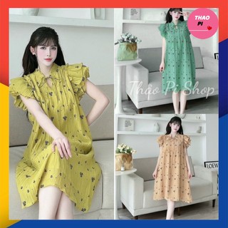 Đầm babydoll tay cánh tiên cột nơ đũi tơ hai lớp hoạ tiết hoa nhí siêu xinh kèm hình thật - (M1)