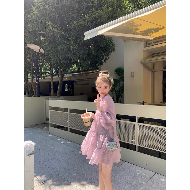 Đầm babydoll cổ bèo tay dài Ulzzang đũi tơ hai lớp hàng cao cấp bao đẹp