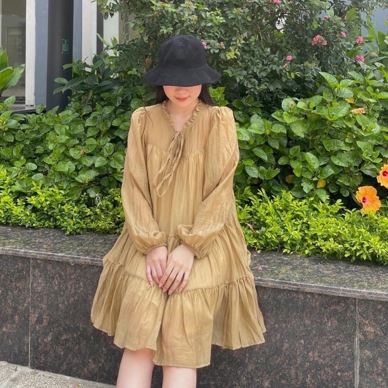 Đầm babydoll cổ bèo tay dài Ulzzang đũi tơ hai lớp hàng cao cấp bao đẹp