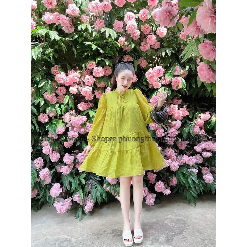 Đầm babydoll cổ bèo tay dài Ulzzang đũi tơ hai lớp hàng cao cấp bao đẹp